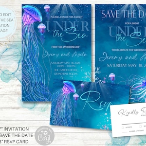 Bajo el conjunto de invitación del mar, Editable, Guardar la fecha, Tarjeta RSVP, Baile escolar, Cumpleaños, Dulce 16, Quinceañera, Boda, Corjl