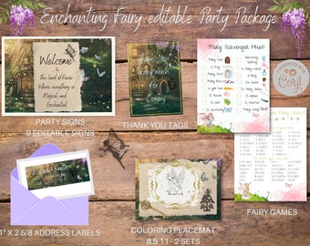Enchanting Fairy Editable Party package and kit, Edit using Corjl, Party favors and tags, Enchanting Forest or Pixie Birthday