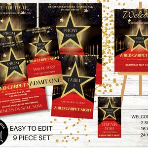 Roter Teppich Party Paket, bearbeitbar, Abschlussball, Schultanz, Einladung, Ticket, Speichern Sie das Datum, Willkommensschild, Tischnummern, Dankeschön Tags