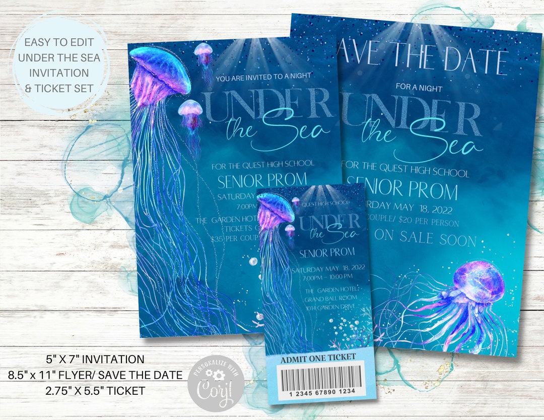 Under the Sea Invitation and Ticket Set, Editable, Flyer, Save the Date