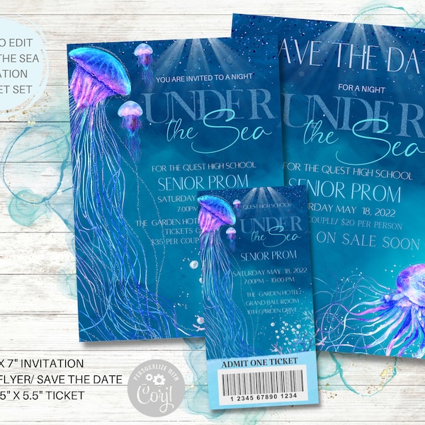 Under the Sea Invitation and Ticket set, Editable, Flyer, Save the Date, Prom,  School Dance, Birthday, Sweet 16,  Quinceañera, Wedding