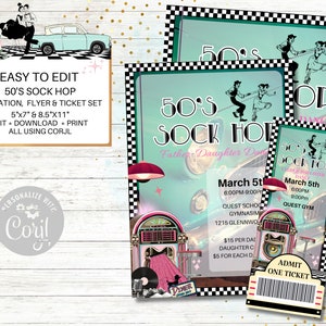 50's Sock Hop Einladungs Set, Flyer und Ticket Schultanz, Vater-Tochter-Tanz, Abschlussball, Heimkehr, Geburtstag, personalisiert
