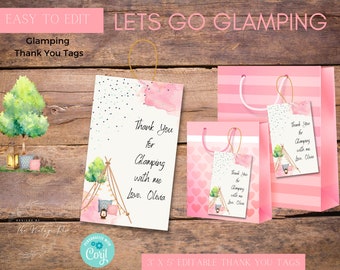 Let's Go Glamping Thank You Tags, Editable , Personalized, Digital Download, Camping Invitation, Printable Invitation, Sleep Over,