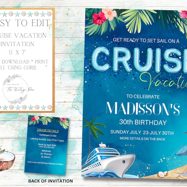 Cruise Vacation Invitation, Birthday Party, Wedding, Family Reunion Cruise, Editable in Corjl