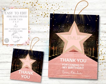 Pink Hollywood Favor Tags, Pink Carpet, Editable, Birthday Party, Prom, School Dance, Corjl,  VIP Access , Homecoming