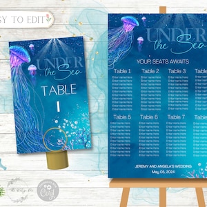 Bajo el mar, tabla de asientos de medusas y conjunto de números de mesa, boda, fiesta de graduación, regreso a casa, baile escolar, fiesta de cumpleaños, quinceañera