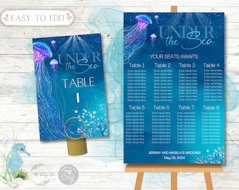 Bajo el mar, tabla de asientos de medusas y conjunto de números de mesa, boda, fiesta de graduación, regreso a casa, baile escolar, fiesta de cumpleaños, quinceañera