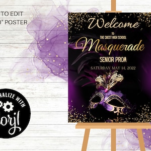 Cartel del signo de bienvenida del baile de máscaras, editable, fiesta de cumpleaños, fiesta de graduación, baile escolar, , Corjl, baile de máscaras, signo personalizado