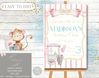 May include: Pastel pink and white circus welcome sign with gold glitter accents. The sign features a cartoon monkey holding popcorn and a ticket, a circus tent, and an elephant. The text reads "Come one come all to Madison's Birthday Party July 23, 2022 She is turning 3 Candy Popcorn Games".