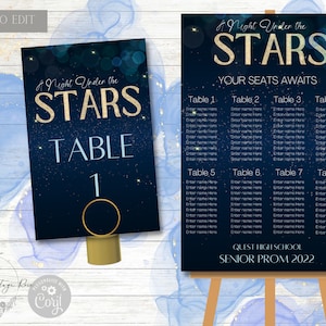 Puede incluir: Una tarjeta de número de mesa azul y dorada con un fondo de noche estrellada. La tarjeta dice "A Night Under the Stars" y "Mesa 1".