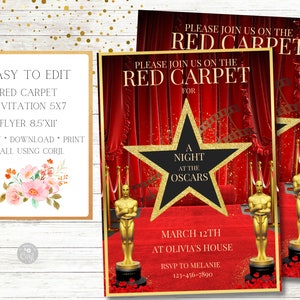 Red Carpet Invitation and Flyer set/Sign, Night at the Oscars, Movie Night,  VIP Pass, Hollywood, Lights-Camera-Action, Birthday Party,