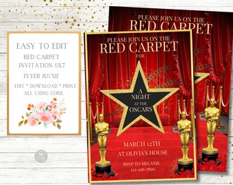 Red Carpet Invitation and Flyer set/Sign, Night at the Oscars, Movie Night,  VIP Pass, Hollywood, Lights-Camera-Action, Birthday Party,