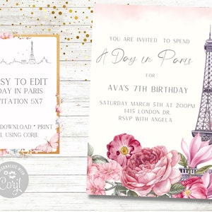 Paris Invitation, French, Birthday Invitation, Parisian Pink Flowers, Eiffel tower, Bridal Shower, Ooh La La, Editable