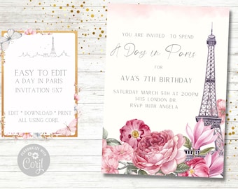 Paris Invitation, French, Birthday Invitation, Parisian Pink Flowers, Eiffel tower, Bridal Shower, Ooh La La, Editable