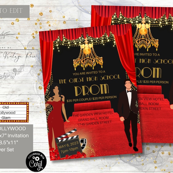 Red Carpet, Old Hollywood Glam, Invitation Set and Flyer, Prom, Homecoming, School Dance, Middle School Dance, Ball