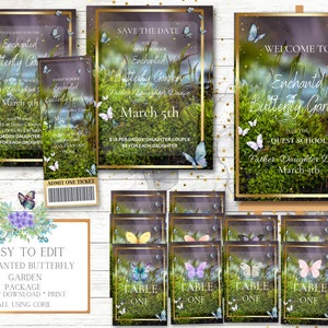 Verzaubertes Schmetterlingsgarten-Partypaket, Vater-Tochter-Party, Abschlussball, Schultanz, Einladung, Willkommensschild, verzauberter Wald, Ticketset