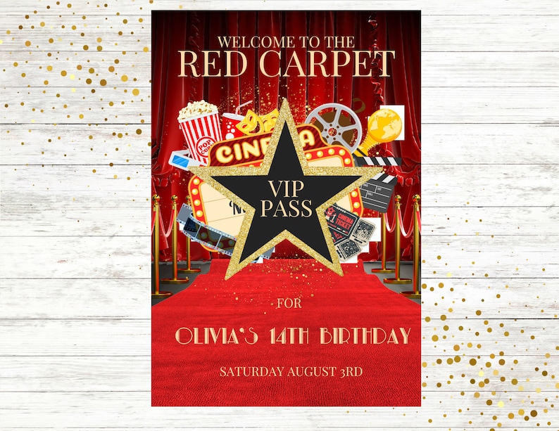 Red Carpet Sign, Poster, Movie Night, VIP Pass, Hollywood, Lightscameraaction