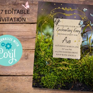May include: An invitation to an Enchanting Fairy birthday party for Ava. The invitation is decorated with a gold frame, butterflies, and a green mossy background. The text reads: "Please join us for an Enchanting Fairy Birthday Party for Ava. Saturday March 5th at 2:00 PM. 1015 Enchanted Drive. RSVP with Angela."