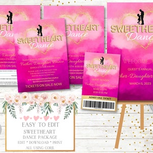 Sweetheart-Schultanzpaket, Valentinstagstanz, Vater-Tochter-Tanz, Einladung, Eintrittskarte, Willkommensschild, Flyer zum Mitnehmen