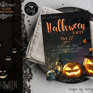 Pumpkin Halloween cocktail Invitation, Costume Party Invite, Editable in Corjl, Personalized Invite, Orange and Black, Adult Halloween Party