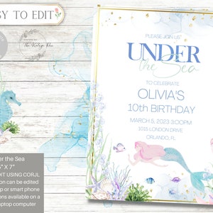 Mermaid Invitation, Under the Sea Invitation, Editable, Birthday Party, Mermaid Party, Girls Birthday, Watercolor , Summer Birthday