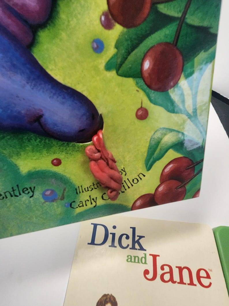 Puede incluir: Un libro infantil con una portada verde que presenta ilustraciones de cerezas y una criatura morada. El t&iacute;tulo del libro es parcialmente visible, junto con el texto "Ilustrado por Carly Cillon". Tambi&eacute;n se ve otro libro titulado "Dick and Jane".