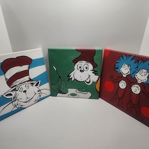 Dr Suess Cat In The Hat Handpainted Canvas Wall Hangings - Dr Suess - Cat In The Hat - Green Egg and Ham - Hand Painted - Paintings