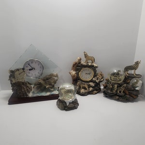 Vintage Wolf Decor Clocks and Snow Globes - Wolf Figurines - Wolves - Snow Globes - Clocks - Vintage Clocks