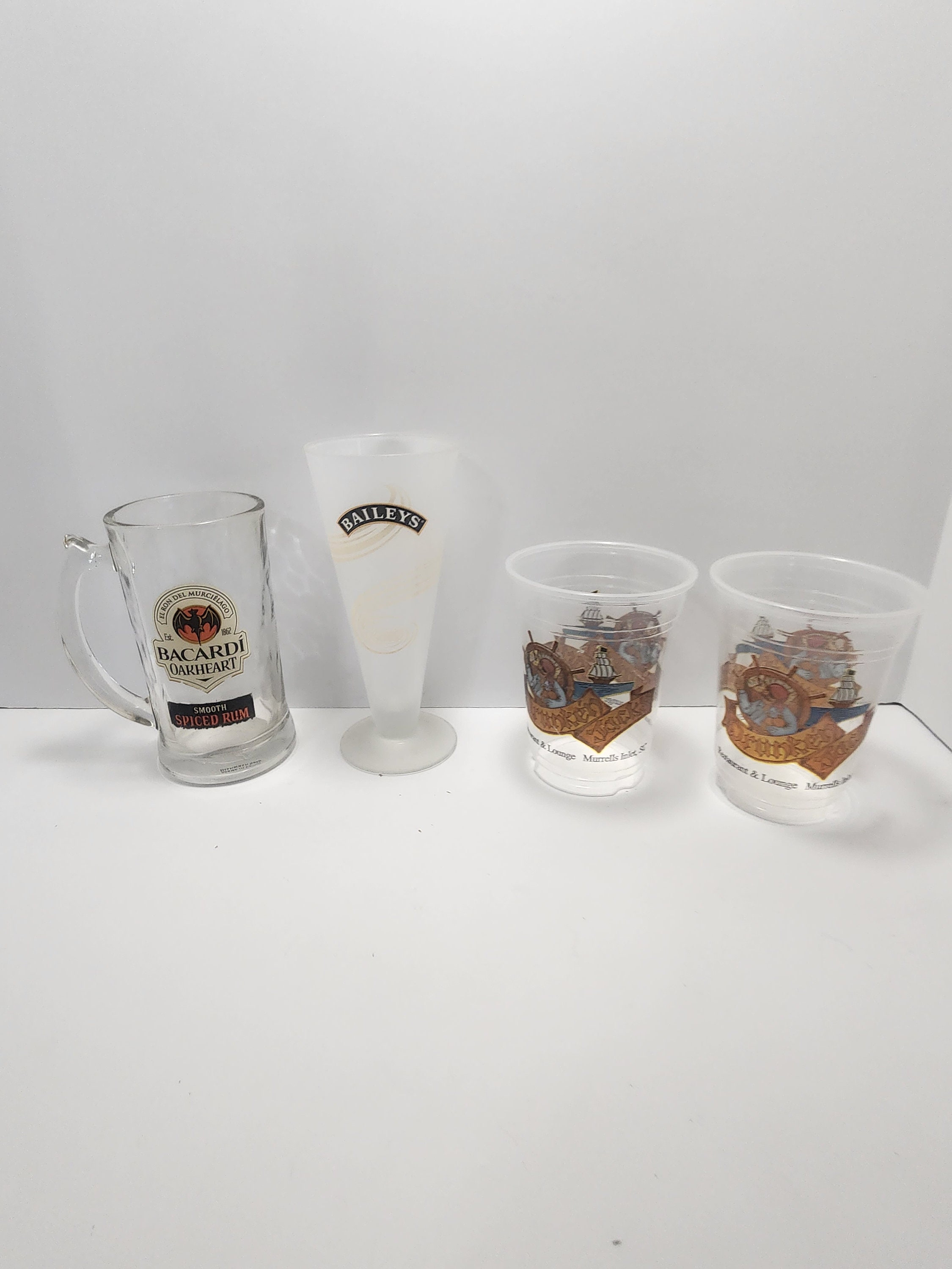 Drinking Glasses - Bacardi Oakheart Rum Drinking Glass - Baileys Irish Cream Swirl Glass - Murrells Inlet Captain Jack Drinking Glasses