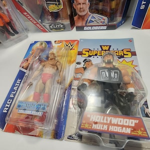 Op de afbeelding: Een verzameling WWE worstel action figures, waaronder Ric Flair, Hulk Hogan, Goldberg en Sting. De figuren zijn verpakt in hun originele dozen, die kleurrijke afbeeldingen en logo's bevatten.