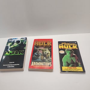 May include: Three paperback books about the Incredible Hulk. The first book is titled "Hulk" and is based on the motion picture screenplay written by James Schamus. The second book is titled "Abominations" and is the new novel by Jason Henderson. The third book is titled "The Incredible Hulk" and is a video novel telling the story of the Hulk's incredible adventures taken from the TV show.