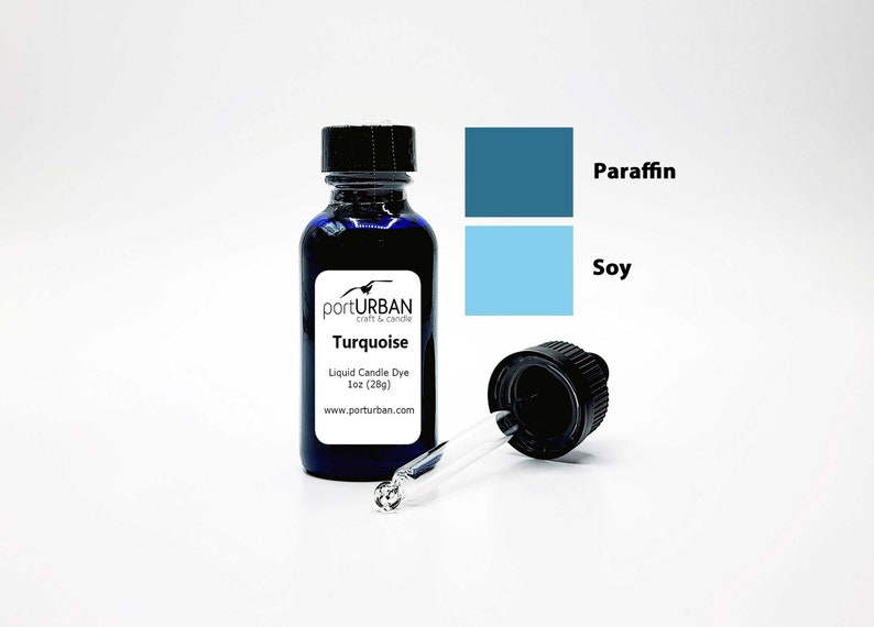 May include: A 1 ounce bottle of turquoise liquid candle dye from portURBAN craft & candle. The bottle has a dropper for easy application. The dye is suitable for both paraffin and soy wax.