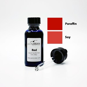 May include: A 1 oz (28g) bottle of red liquid candle dye by PortUrban. The bottle has a black dropper cap and a label that says "Red Liquid Candle Dye 1 oz (28g) www.porturban.com". The dye is shown next to two color swatches, one for paraffin and one for soy wax.