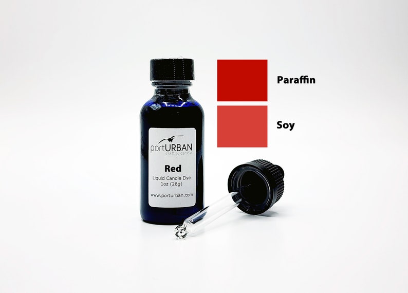 May include: A 1 oz (28g) bottle of red liquid candle dye by PortUrban. The bottle has a black dropper cap and a label that says "Red Liquid Candle Dye 1 oz (28g) www.porturban.com". The dye is shown next to two color swatches, one for paraffin and one for soy wax.