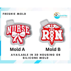 May include: Two silicone molds for making cake pops or other treats. Mold A features the word "NURSE" with a red bow. Mold B features the letters "RN" with a red caduceus symbol. Both molds are available in 3D housing or silicone.
