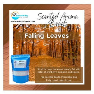 May include: A blue resealable pouch containing white aroma beads, labeled Falling Leaves. The packaging features a forest scene with orange autumn foliage and text describing the scent notes of cranberry, pumpkin, and spices for these beads.