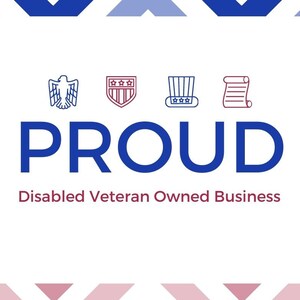 May include: A white background with a blue border and a red, white, and blue design. The text "PROUD" is in blue letters. Below the text is the phrase "Disabled Veteran Owned Business". There are four icons in the top row: an eagle, a shield with stars, a hat with stars, and a scroll.