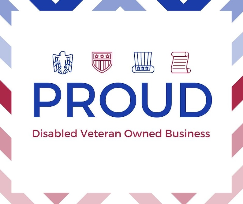 May include: A white background with a blue border and a red, white, and blue design. The text "PROUD" is in blue letters. Below the text is the phrase "Disabled Veteran Owned Business". There are four icons in the top row: an eagle, a shield with stars, a hat with stars, and a scroll.