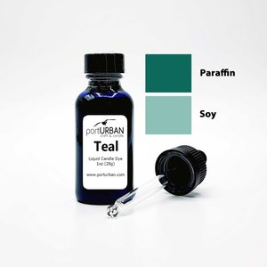 May include: Teal liquid candle dye in a 1 ounce bottle with a dropper. The dye is shown against a white background with color swatches for paraffin and soy wax.