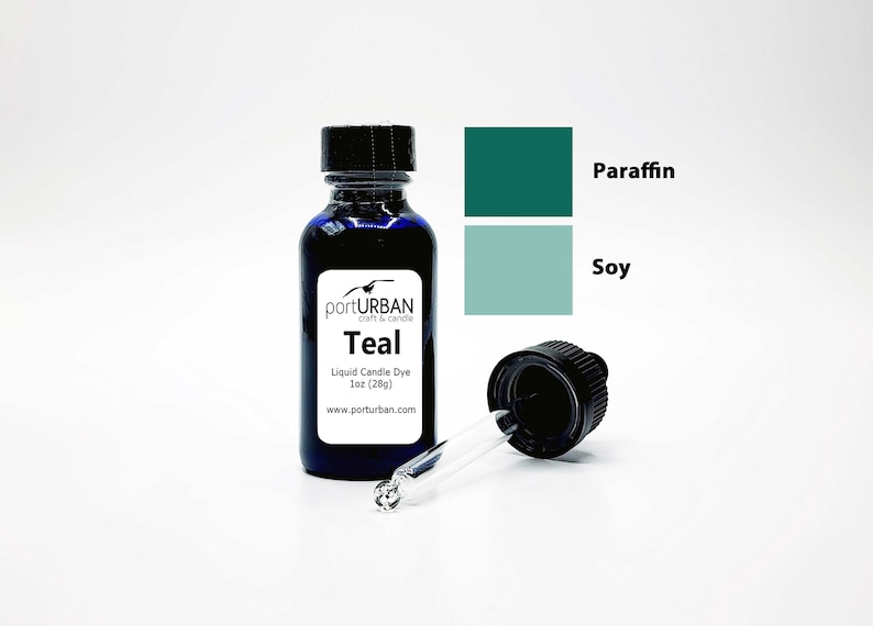 May include: Teal liquid candle dye in a 1 ounce bottle with a dropper. The dye is shown against a white background with color swatches for paraffin and soy wax.