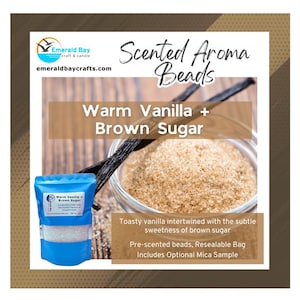 May include: A blue resealable bag of scented aroma beads labeled "Warm Vanilla + Brown Sugar" next to a bowl of brown sugar and a vanilla bean. The image also includes text that reads "Toasty vanilla intertwined with the subtle sweetness of brown sugar."