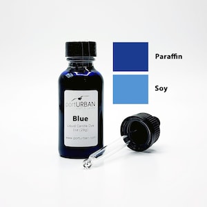 May include: A 1 oz (28g) bottle of blue liquid candle dye. The bottle has a black dropper cap and a white label with the text "portURBAN craft & candle" and "Blue Liquid Candle Dye 1 oz (28g) www.porturban.com". The image also shows color swatches for paraffin and soy wax.