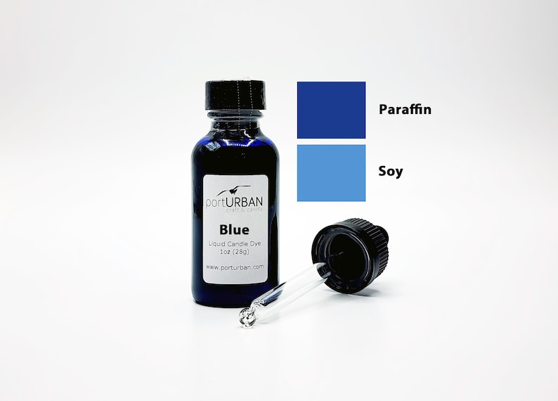 May include: A 1 oz (28g) bottle of blue liquid candle dye. The bottle has a black dropper cap and a white label with the text "portURBAN craft & candle" and "Blue Liquid Candle Dye 1 oz (28g) www.porturban.com". The image also shows color swatches for paraffin and soy wax.