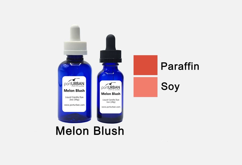 May include: Two blue bottles with droppers labeled "portURBAN Melon Blush Liquid Candle Dye 2oz (56g) www.porturban.com" and "portURBAN Melon Blush Liquid Candle Dye 1oz (28g) www.porturban.com".  The bottles are next to two color swatches labeled "Paraffin" and "Soy".