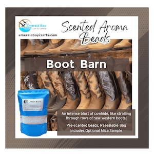May include: A blue resealable bag of scented aroma beads labeled "Boot Barn" with a background of cowboy boots. The text reads "An intense blast of cowhide, like strolling through rows of new western boots!"