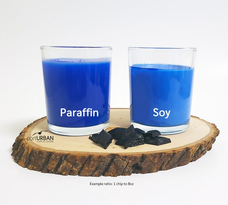 May include: Two glass jars filled with blue liquid, one labeled "Paraffin" and the other "Soy". Black candle chips are scattered on a wooden surface below the jars. Example ratio: 1 chip to 8 oz.