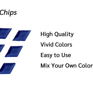 May include: Ten blue candle dye chips in a diamond shape. The text "Candle Dye Chips" is at the top of the image. The text "High Quality", "Vivid Colors", "Easy to Use", and "Mix Your Own Colors" is listed below the chips. The text "MADE IN USA" is in the top right corner of the image with a small American flag.