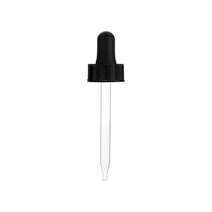 May include: A black plastic dropper bottle with a clear glass dropper. The dropper has a long, thin tip.