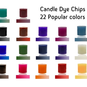 May include: 22 different colors of candle dye chips. The dye chips are shown in a grid of 22 small candles, each a different color.