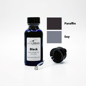 May include: A 1 oz (28g) bottle of black liquid candle dye. The bottle has a dropper for easy application. The dye is suitable for both paraffin and soy wax. The bottle label reads "portURBAN craft & candle" and "Black Liquid Candle Dye 1 oz (28g) www.porturban.com".